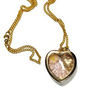 Fun Gold Plated Locket Necklace with Peach Flower, Pink Beads and Gold Heart